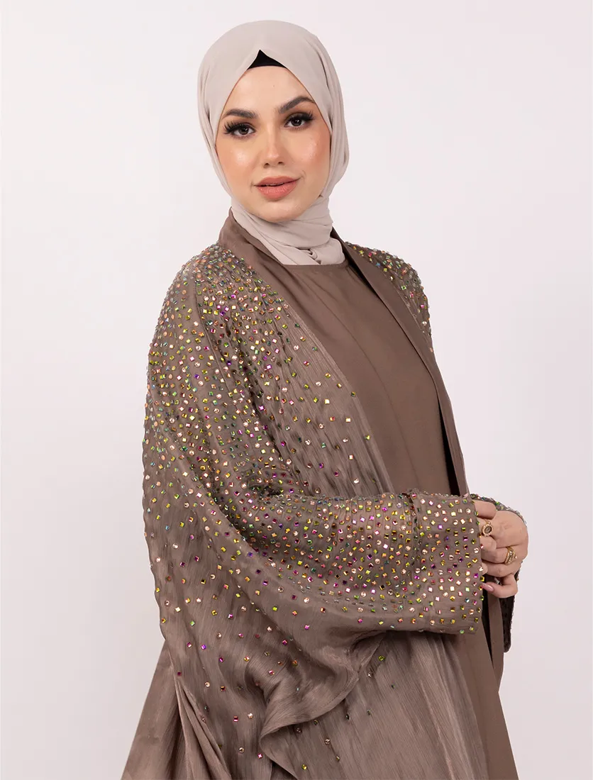 Mocha Multi Crystal Embellished Sheer Overlay Abaya